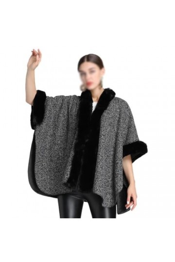 MaTeka Veste Cardigan tricotée for Femmes, col en Peluche et Fourrure épaisse, châle, Cape, Taille Ample