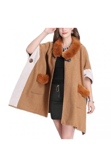 Cardigan Ample en Fausse Fourrure pour Femme, Grande Taille, col à Revers, Poche, châle tricoté Couleur : Camel, Taille : Ta