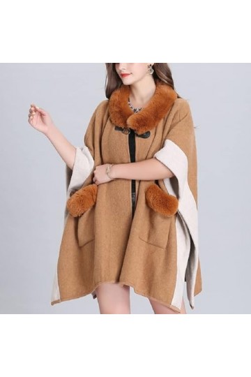 Cardigan Ample en Fausse Fourrure pour Femme, Grande Taille, col à Revers, Poche, châle tricoté Couleur : Camel, Taille : Ta