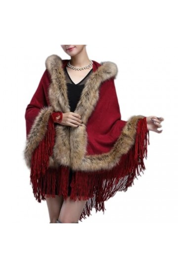 Cape de fête dhiver pour femme, châle chaud à capuche, pompon doux, faux pardessus, poncho couleur : rouge, taille : taille