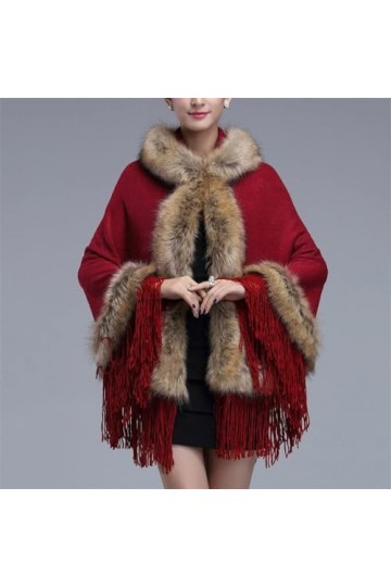 Cape de fête dhiver pour femme, châle chaud à capuche, pompon doux, faux pardessus, poncho couleur : rouge, taille : taille