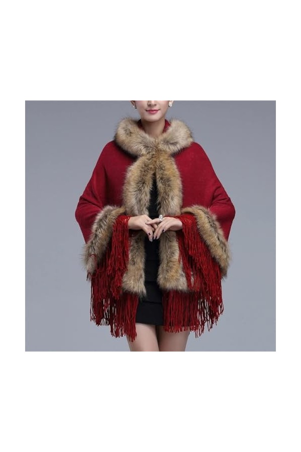 Cape de fête dhiver pour femme, châle chaud à capuche, pompon doux, faux pardessus, poncho couleur : rouge, taille : taille