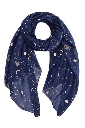 CMTOP Foulard&nbsp;en&nbsp;Soie Femme avec Motif Etoiles et Lune Echarpe&nbsp;Soie avec Sensation de Dorure et De Scintillement 70 * 180cm S