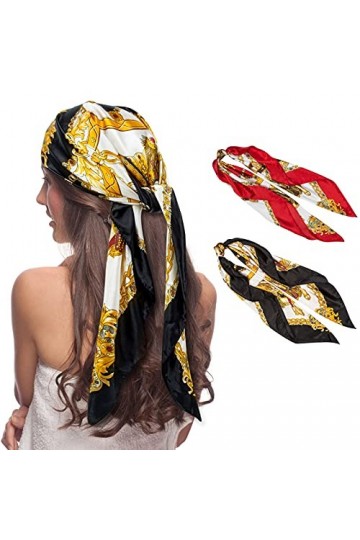 Senker Fashion Lot de 2 grandes écharpes carrées en satin pour femme - Sensation de soie - 88,9 x 88,9 cm, A-noir et rouge vi