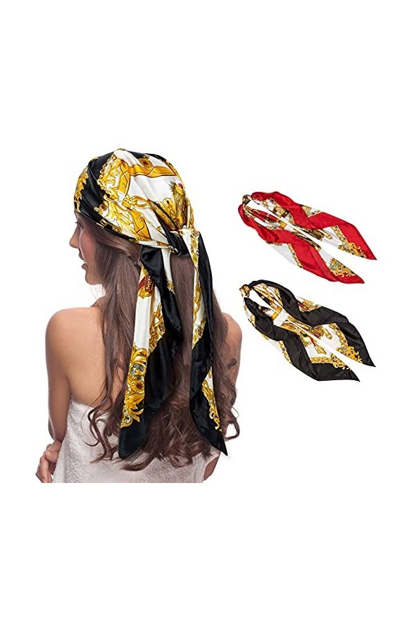 Senker Fashion Lot de 2 grandes écharpes carrées en satin pour femme - Sensation de soie - 88,9 x 88,9 cm, A-noir et rouge vi
