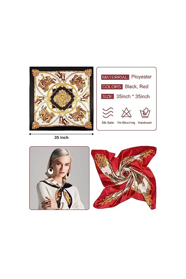 Senker Fashion Lot de 2 grandes écharpes carrées en satin pour femme - Sensation de soie - 88,9 x 88,9 cm, A-noir et rouge vi