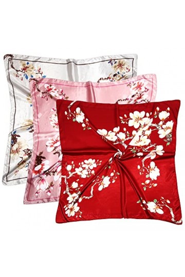 Lot de 3 foulards en soie de 89 cm pour femme et fille blanc, rose, rouge 