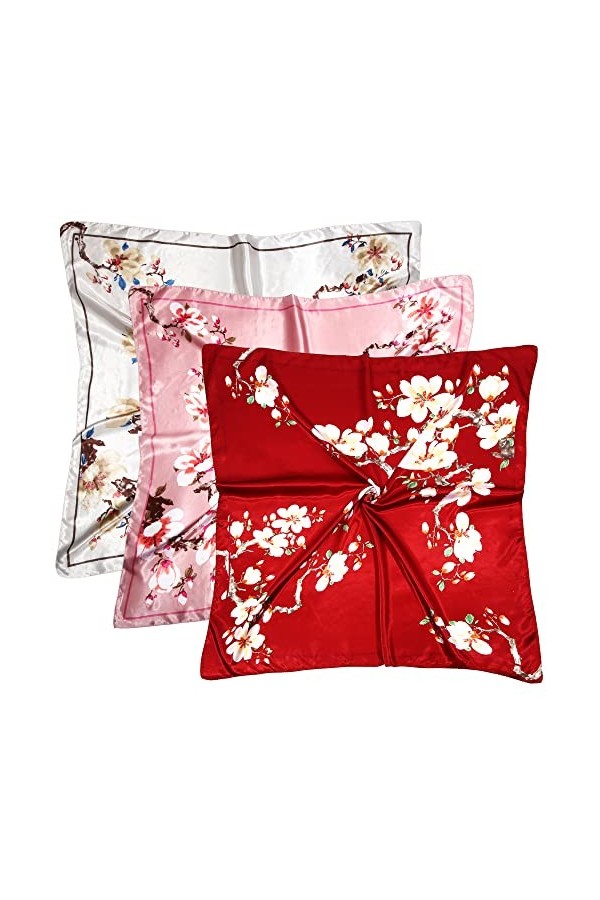 Lot de 3 foulards en soie de 89 cm pour femme et fille blanc, rose, rouge 
