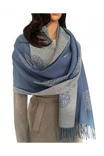 The Accessory Co Écharpe en cachemire avec motif arbre de vie réversible pour femme - Bleu - Taille unique