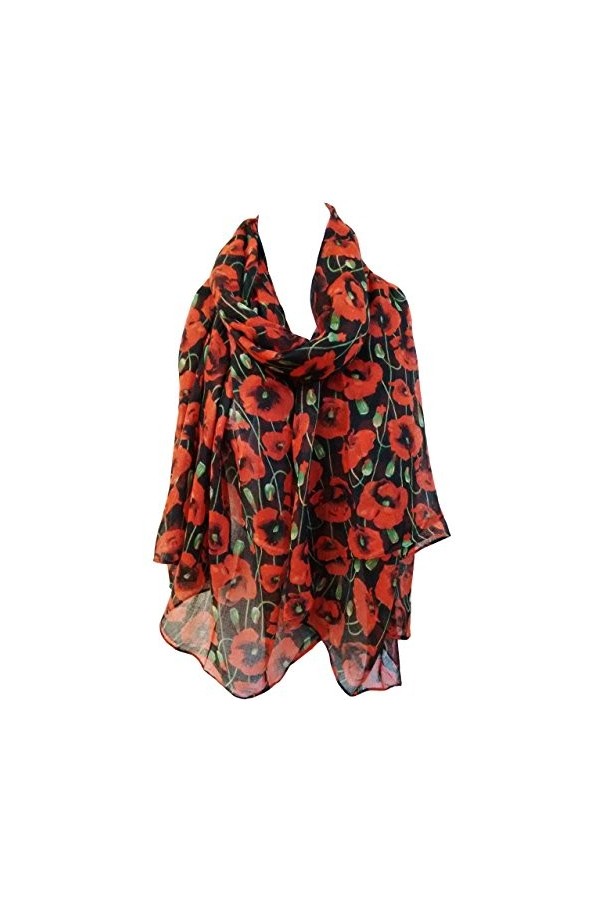 GlamLondon Foulard imprimé coquelicot rouge pour femme, P-7182-Black, L