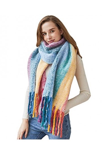 DiaryLook Écharpe chaude à carreaux pour lhiver, longue écharpe à carreaux douce en laine tartan pour femme, Arc-en-ciel, ta