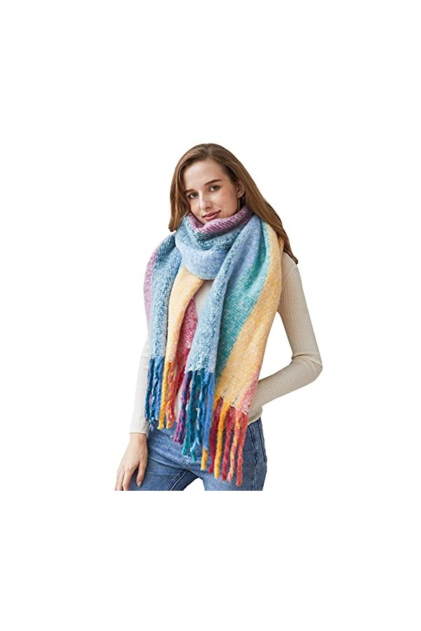 DiaryLook Écharpe chaude à carreaux pour lhiver, longue écharpe à carreaux douce en laine tartan pour femme, Arc-en-ciel, ta