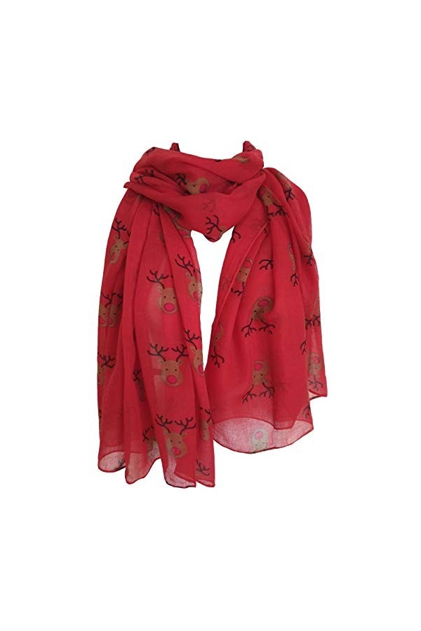 GlamLondon Foulard renne de Noël avec nez rouge pour femme - Rouge - Large