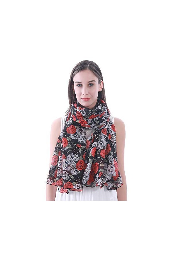 Lina & Lily Châle Foulard Femme Bufanda Imprimé Crâne Rose Noir 