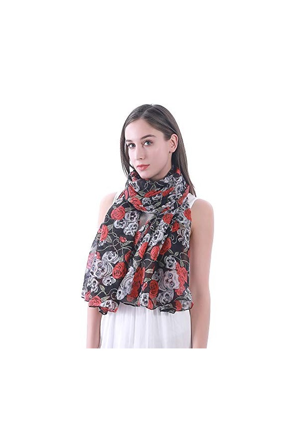 Lina & Lily Châle Foulard Femme Bufanda Imprimé Crâne Rose Noir 