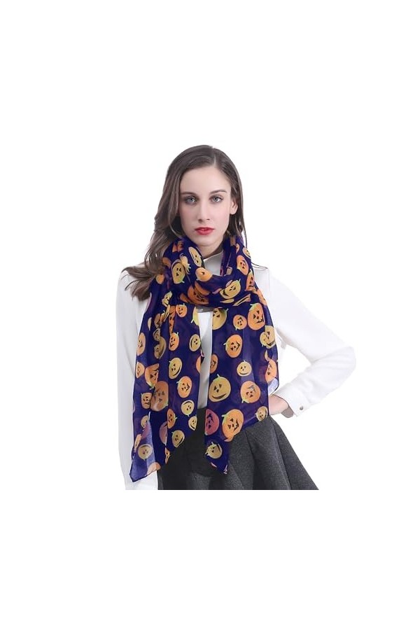 Lina & Lily Écharpe Foulard Femme Imprimé Citrouille Halloween Bleu 