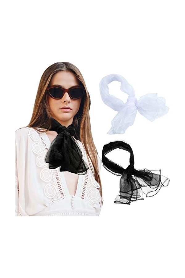 2 Écharpes Carrées Rétro Mousseline de Soie Foulard Léger Noir, Blanc 