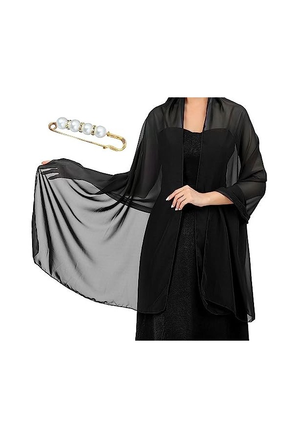 TAFACE 1 écharpe noire en mousseline de soie et 1 broche diamant perle femme dîner fête châle écharpe à double usage peut êtr