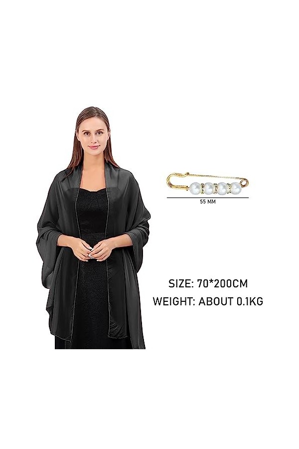 TAFACE 1 écharpe noire en mousseline de soie et 1 broche diamant perle femme dîner fête châle écharpe à double usage peut êtr
