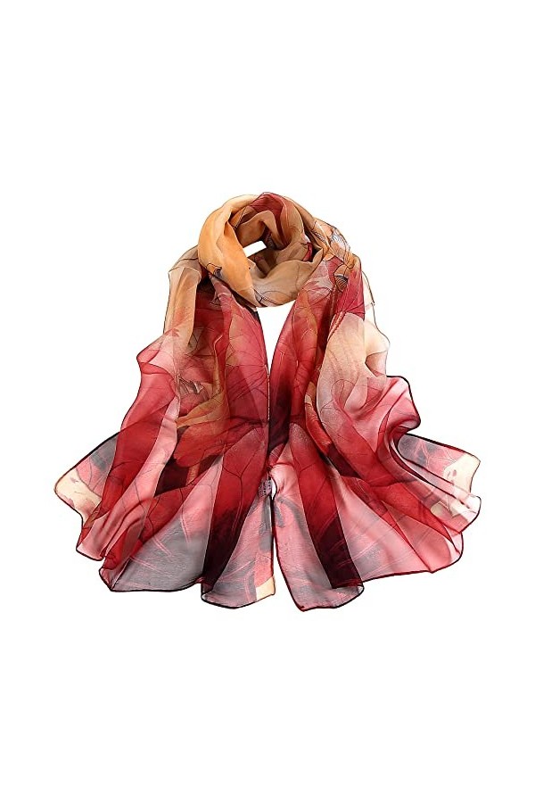 Foulard en mousseline de soie pour femme - Motif floral - Léger - Pour femme, rouge foncé, taille unique