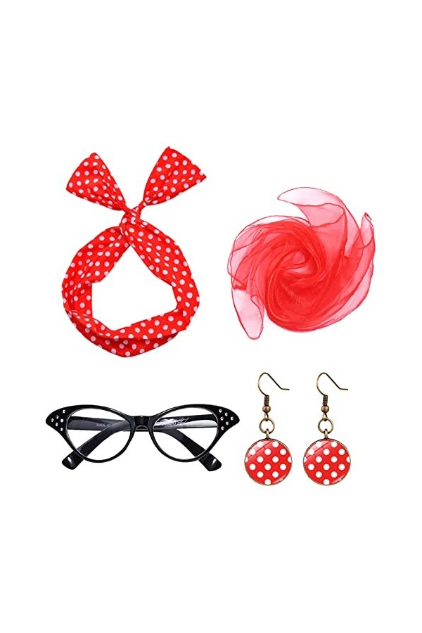 QincLing Accessoires rockabilly pour femme avec écharpe en mousseline de soie œil de chat, lunettes à pois, bandana, cravate,