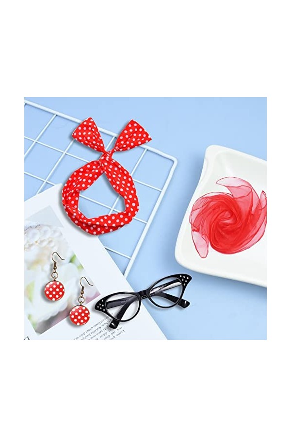 QincLing Accessoires rockabilly pour femme avec écharpe en mousseline de soie œil de chat, lunettes à pois, bandana, cravate,