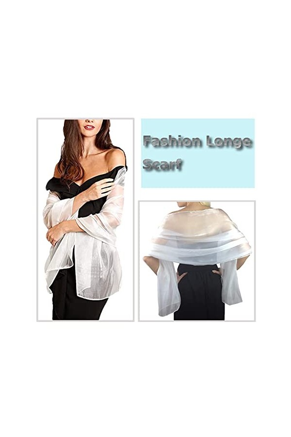 NiceYnn Elégant Echarpe Brillante Femme Châle Longue Foulard pour Mariage Cocktail Cérémonies Soirée Plage Blanc