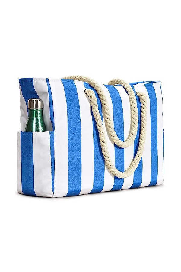 oscaurt Sac de Plage imperméable à Rayures avec Fermeture éclair et Poche Anti-humidité, Grand Sac de Plage pour Femme