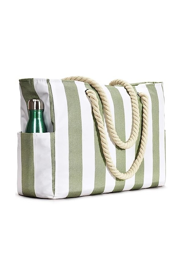 oscaurt Sac de Plage imperméable à Rayures avec Fermeture éclair et Poche Anti-humidité, Grand Sac de Plage pour Femme