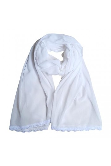Écharpe en mousseline de soie douce et unie pour femme soigneusement cousue avec de la dentelle, blanc, M