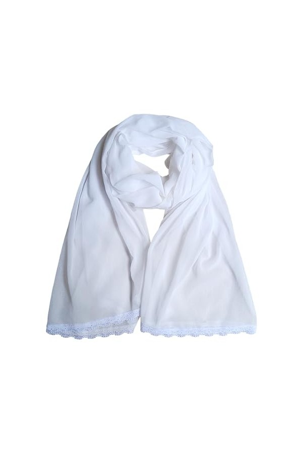 Écharpe en mousseline de soie douce et unie pour femme soigneusement cousue avec de la dentelle, blanc, M
