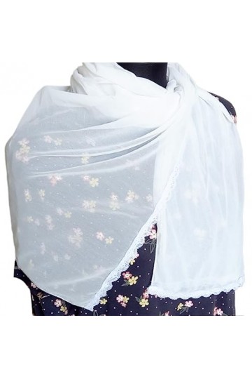 Écharpe en mousseline de soie douce et unie pour femme soigneusement cousue avec de la dentelle, blanc, M