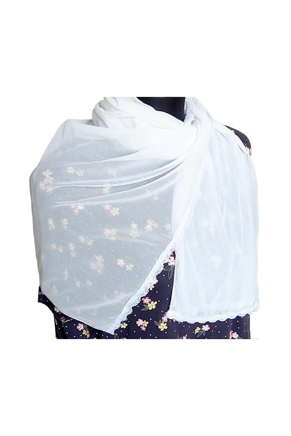 Écharpe en mousseline de soie douce et unie pour femme soigneusement cousue avec de la dentelle, blanc, M