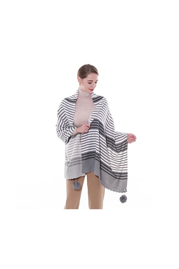 SWAT PANY Écharpes et châles pour femmes Gris Pashmina châle Chaud Etole Hiver Longues Grande Style Rayé（avec boule de poils）