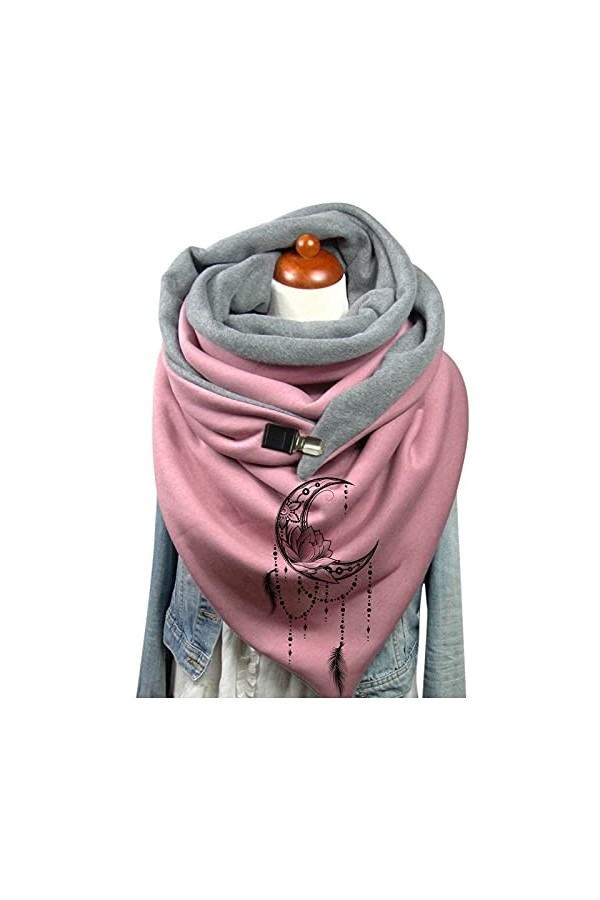 Écharpe Triangle Femme Chaud Automne Hiver Foulard En Coton à Boucle Imprimé Plume Châle à Boutons Multi-usages Mode Vintage 
