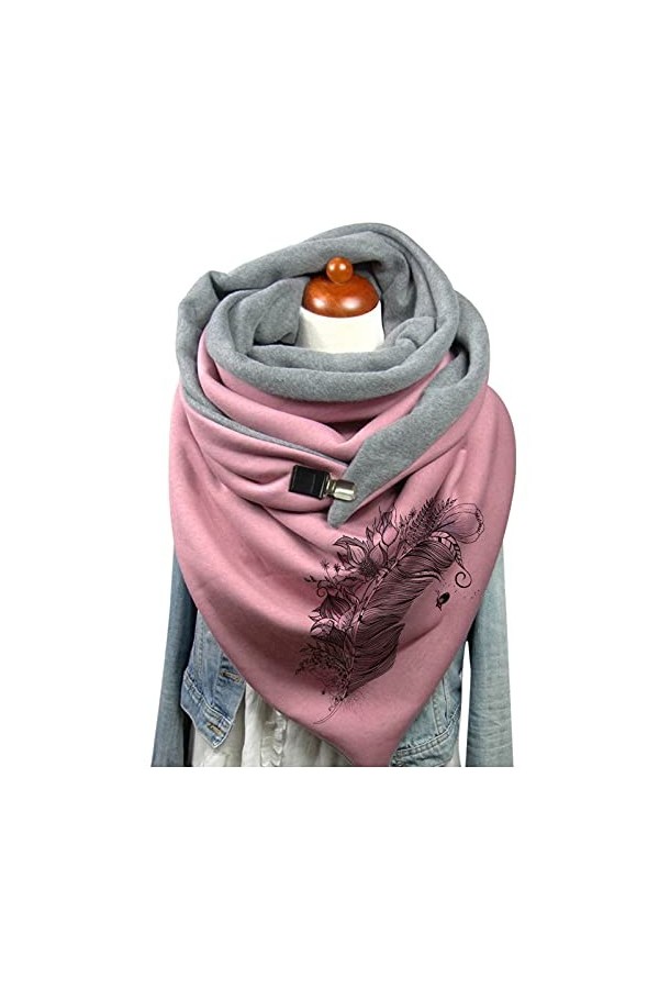 Écharpe Triangle Femme Chaud Automne Hiver Foulard En Coton à Boucle Imprimé Plume Châle à Boutons Multi-usages Mode Vintage 