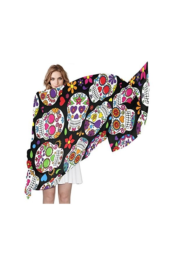 COOSUN Écharpe longue en soie avec motif tête de mort Jour des morts pour femme
