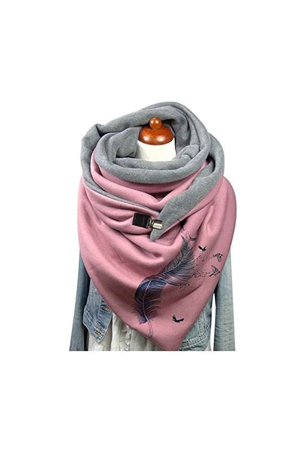 Écharpe Triangle Femme Chaud Automne Hiver Foulard En Coton à Boucle Imprimé Plume Châle à Boutons Multi-usages Mode Vintage