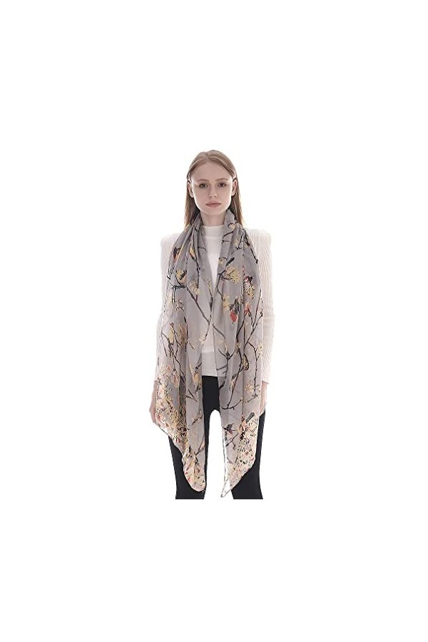 KAVINGKALY écharpe grise femmes branches darbre oiseaux fleurs motif foulard mou gris 5