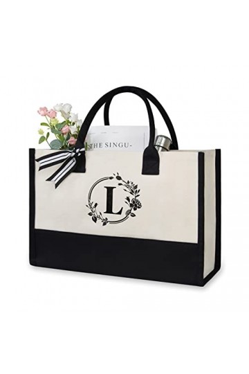 TOPDesign Sac de plage personnalisé en toile avec initiale monogramme pour femme, noir et blanc, 17" x 11.8" x 7.8", L