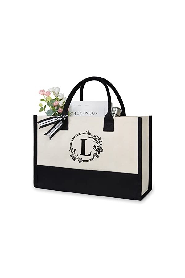 TOPDesign Sac de plage personnalisé en toile avec initiale monogramme pour femme, noir et blanc, 17" x 11.8" x 7.8", L