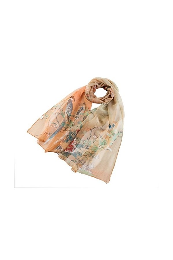 100% Foulard en soie Oiseau et fleur - Beige