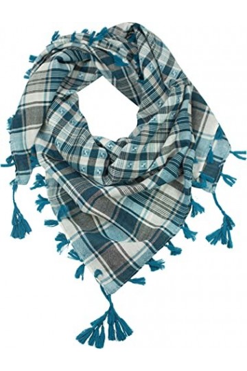 fashionchimp ® Écharpe triangle, à franges, pour femme, avec pompons décoratifs et motifs brodés, Carreaux bleu pétrole, tail