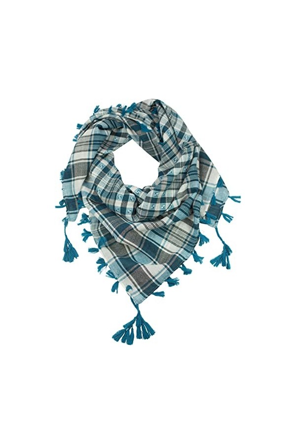 fashionchimp ® Écharpe triangle, à franges, pour femme, avec pompons décoratifs et motifs brodés, Carreaux bleu pétrole, tail