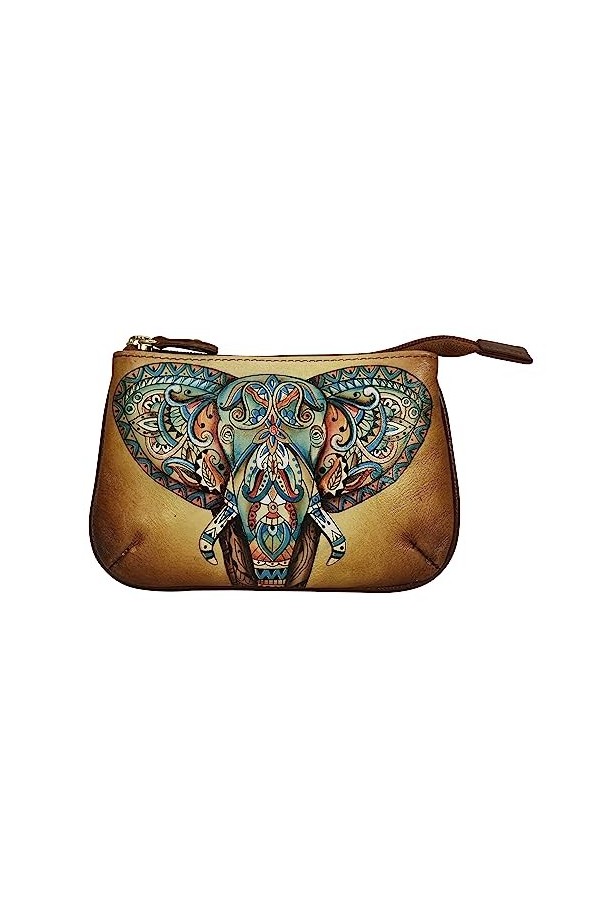 Anuschka - Sac à fermeture éclair de taille moyenne en cuir véritable et peint à la main pour femme - Elephant Mandala
