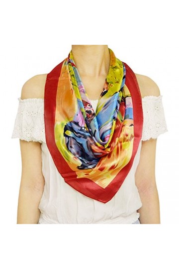 Echarpes carré en soie femme par TONY & CANDICE, 100% soie, Grande taille 85 * 85cm, Peinture à lhuile ‘Maison colorée’