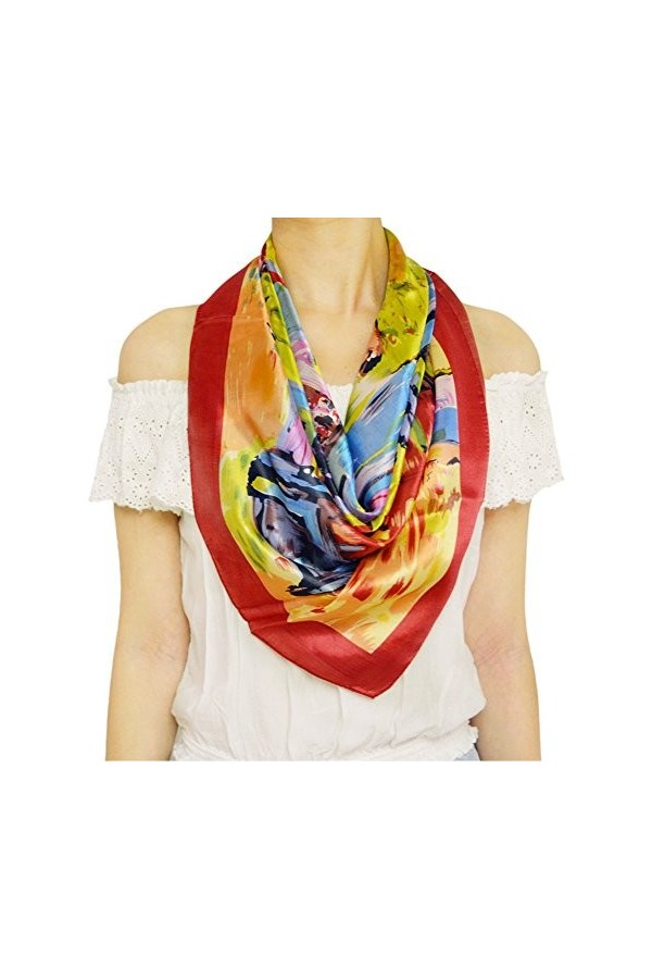 Echarpes carré en soie femme par TONY & CANDICE, 100% soie, Grande taille 85 * 85cm, Peinture à lhuile ‘Maison colorée’