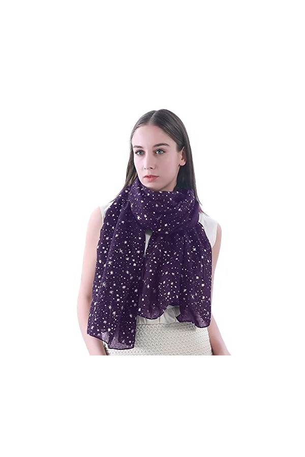 Lina & Lily Écharpe Châle Foulard Femme Imprimé Étoiles Violet + Argent
