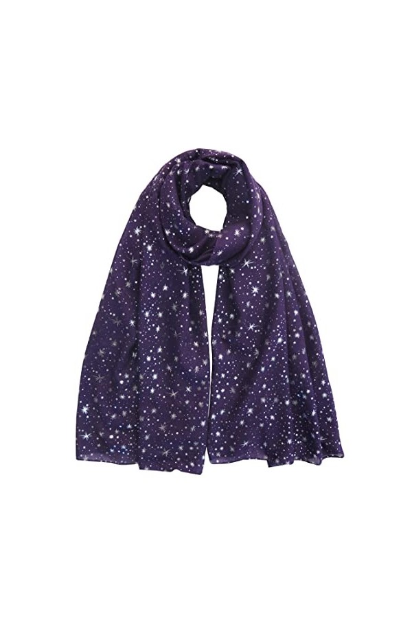 Lina & Lily Écharpe Châle Foulard Femme Imprimé Étoiles Violet + Argent