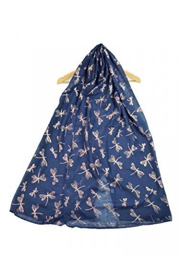 Claudia & Jason® Écharpe avec imprimé libellule or rose pour femme, Bleu marine L, Taille Unique